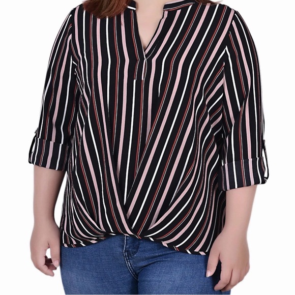 NY Collection 3/4 Sleeve Mandarin Collar Blouse with Front Pleats - Picture 3 of 7